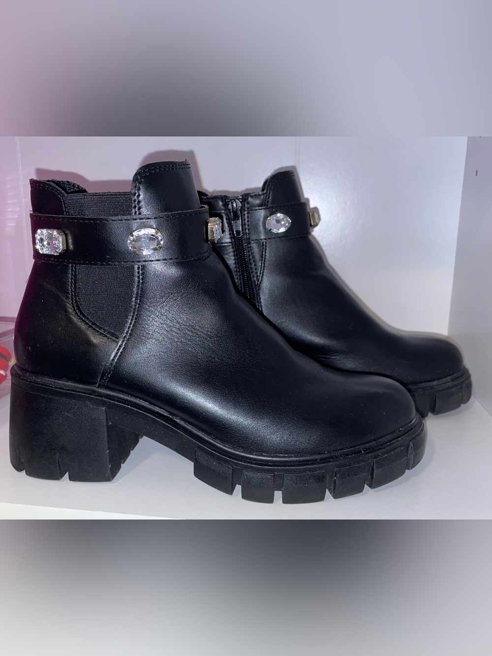 Steve Madden Black Chunky Chelsea Booties with Crystal Detail